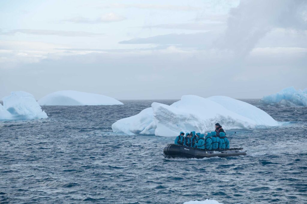 Zodiac cruising involves inflatable, durable boats that are perfect for exploring the icy landscape, icebergs and beautiful water. 